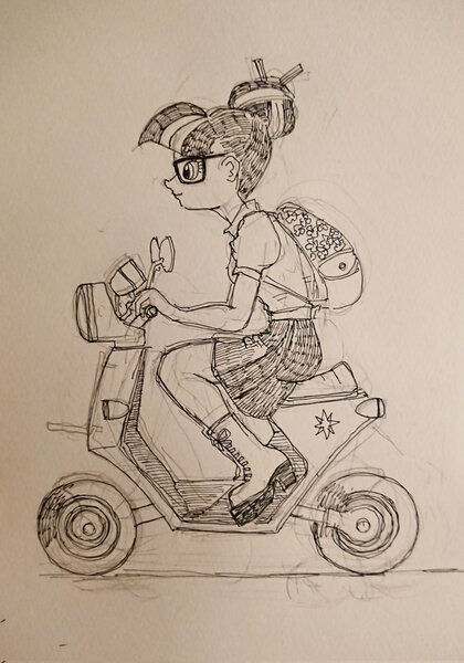 Size: 1434x2048 | Tagged: safe, artist:daisymane, derpibooru import, sci-twi, twilight sparkle, human, equestria girls, female, hair bun, image, jpeg, monochrome, moped, pencil drawing, riding, solo, traditional art