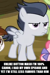 Size: 516x770 | Tagged: safe, derpibooru import, edit, edited screencap, screencap, cucumber seed, kettle corn, pipsqueak, rumble, pegasus, pony, marks and recreation, season 7, caption, colt, foal, image, image macro, impact font, implied button mash, male, png, text