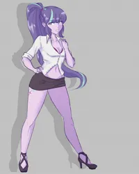 Size: 1080x1350 | Tagged: safe, artist:avirextin, derpibooru import, starlight glimmer, equestria girls, belly, belly button, breasts, cleavage, clothes, high heels, image, jpeg, looking at you, midriff, miniskirt, shoes, skirt, smiling, solo, unbuttoned