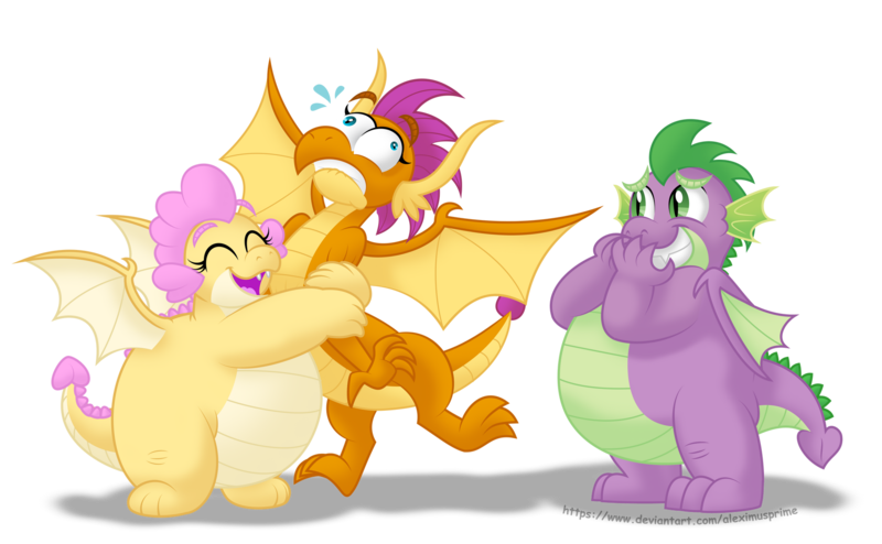 Size: 1920x1186 | Tagged: safe, artist:aleximusprime, derpibooru import, smolder, spike, oc, oc:buttercream the dragon, dragon, flurry heart's story, bear hug, commission, dragon oc, dragoness, eye bulging, eyes closed, fangs, fat, fat spike, female, grin, hand over mouth, hug, image, laughing, male, non-pony oc, older, older smolder, older spike, open mouth, png, simple background, smiling, spread wings, squeezing, transparent background, wings