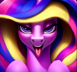 Size: 2999x2800 | Tagged: suggestive, derpibooru import, machine learning generated, purplesmart.ai, stable diffusion, princess cadance, alicorn, pony, bedroom eyes, bust, female, fluffy mane, image, lidded eyes, looking at you, mare, open mouth, open smile, oral invitation, png, portrait, seductive look, smiling, solo, solo female, tongue out