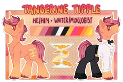 Size: 1500x1000 | Tagged: safe, artist:chvrchgrim, derpibooru import, oc, oc:tangerine tipple, unofficial characters only, pony, unicorn, bowtie, clothes, fancy, horn, image, male, orange coat, pants, png, reference, reference sheet, shirt, shoes, solo, stallion, suit, unshorn fetlocks
