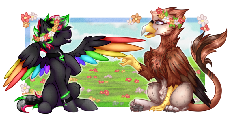 Size: 2000x1000 | Tagged: safe, artist:chvrchgrim, derpibooru import, oc, oc:krypt, oc:marlow, unofficial characters only, gryphon, pegasus, pony, beak, claws, colored wings, duo, eyes closed, field, floral head wreath, flower, flower in hair, folded wings, friendship, grass, grass field, griffon oc, hanging out, hoof on chest, image, looking at each other, looking at someone, male, multicolored hair, multicolored mane, multicolored tail, multicolored wings, paw pads, paws, pegasus oc, png, pointing, pony oc, ponysona, rainbow wings, raised hoof, simple background, sitting, sky, smiling, smiling at each other, spread wings, stallion, tail, toe beans, underpaw, wholesome, wings