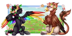 Size: 2000x1000 | Tagged: safe, artist:chvrchgrim, derpibooru import, oc, oc:krypt, oc:marlow, unofficial characters only, gryphon, pegasus, pony, beak, claws, colored wings, duo, eyes closed, field, floral head wreath, flower, flower in hair, folded wings, friendship, grass, grass field, griffon oc, hanging out, hoof on chest, image, looking at each other, looking at someone, male, multicolored hair, multicolored mane, multicolored tail, multicolored wings, paw pads, paws, pegasus oc, png, pointing, pony oc, ponysona, rainbow wings, raised hoof, simple background, sitting, sky, smiling, smiling at each other, spread wings, stallion, tail, toe beans, underpaw, wholesome, wings