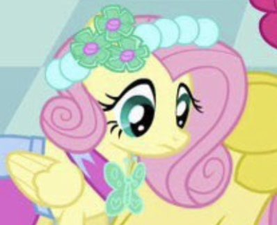 Size: 398x323 | Tagged: safe, derpibooru import, screencap, fluttershy, pinkie pie, pegasus, pony, a canterlot wedding, :i, alternate hairstyle, close-up, clothes, dress, image, png, solo