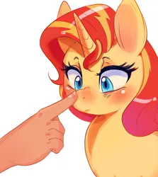 Size: 2500x2800 | Tagged: safe, artist:mrscurlystyles, derpibooru import, sunset shimmer, human, pony, unicorn, boop, disembodied hand, hand, image, jpeg, noseboop, offscreen character, simple background, solo focus, white background