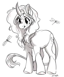 Size: 3386x4096 | Tagged: safe, artist:opalacorn, derpibooru import, oc, unofficial characters only, classical unicorn, dragonfly, insect, pony, unicorn, cloven hooves, curved horn, grayscale, horn, image, jpeg, leonine tail, monochrome, simple background, smiling, solo, unshorn fetlocks, white background