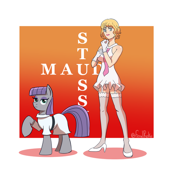 Size: 1945x2033 | Tagged: safe, artist:feralroku, derpibooru import, maud pie, earth pony, human, pony, alternate clothes, alternate universe, clothes, crossover, garter belt, gloves, image, necktie, one piece, png, raised hoof, stussy (one piece)