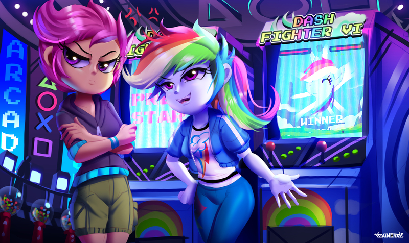 Size: 3671x2182 | Tagged: safe, artist:ichimoral, derpibooru import, rainbow dash, scootaloo, human, equestria girls, arcade cabinet, commission, cross-popping veins, crossed arms, duo, duo female, emanata, female, high res, image, jpeg, scootaloo is not amused, unamused, winner