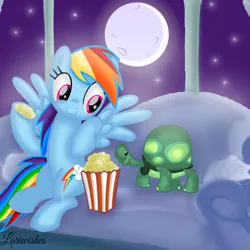 Size: 1400x1400 | Tagged: safe, artist:mlplary6, derpibooru import, rainbow dash, tank, pegasus, pony, turtle, animal, couch, eating, female, food, image, looking at each other, looking at someone, male, mare, moon, moonlight, night, png, popcorn, sitting, sky, smiling, smiling at each other