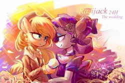 Size: 1620x1080 | Tagged: safe, artist:xiaoxingxin, derpibooru import, applejack, rarity, earth pony, pony, unicorn, clothes, duo, duo female, female, g4, hat, image, jpeg, lesbian, looking at each other, looking at someone, ponytail, rarijack, shipping