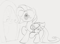 Size: 1432x1061 | Tagged: safe, artist:dotkwa, derpibooru import, fluttershy, pegasus, pony, blushing, cute, embarrassed, female, grayscale, image, looking at you, mare, mirror, monochrome, open mouth, png, saddle, shyabetes, simple background, sketch, solo, standing on two hooves, tack, white background