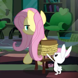 Size: 1080x1080 | Tagged: safe, derpibooru import, screencap, angel bunny, pegasus, pony, putting your hoof down, season 2, cropped, duo, female, fluttershy's cottage (interior), image, male, mare, png, tied to chair