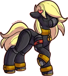 Size: 1514x1700 | Tagged: suggestive, artist:sexygoatgod, derpibooru import, oc, oc:zeta, unofficial characters only, earth pony, pony, collar, cuffs, female, fetish, full latex suit, gas mask, image, latex, latex suit, mare, mask, png, simple background, slave, solo, starfall kingdom, transparent background