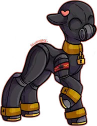 Size: 1245x1608 | Tagged: suggestive, alternate version, artist:sexygoatgod, derpibooru import, oc, oc:zeta, unofficial characters only, earth pony, pony, collar, cuffs, female, fetish, full latex suit, gas mask, image, latex, latex suit, mare, mask, no mane, no tail, png, simple background, slave, solo, starfall kingdom, transparent background