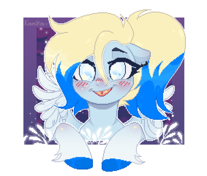 Size: 700x596 | Tagged: safe, artist:zakypo, derpibooru import, oc, oc:azure opus, unofficial characters only, pegasus, pony, blind, blushing, bust, commission, ear piercing, female, image, looking at you, mare, piercing, pixel art, png, portrait, solo, tongue out, two toned mane, ych result