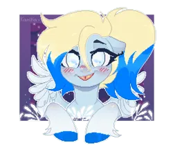 Size: 700x596 | Tagged: safe, artist:zakypo, derpibooru import, oc, oc:azure opus, unofficial characters only, pegasus, pony, blind, blushing, bust, commission, ear piercing, female, image, looking at you, mare, piercing, pixel art, png, portrait, solo, tongue out, two toned mane, ych result