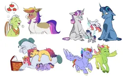 Size: 1280x805 | Tagged: safe, artist:primrosepaper, derpibooru import, bow hothoof, cloudy quartz, granny smith, night light, twilight velvet, oc, oc:cosmo, oc:fruity whirl, oc:nova, oc:sympathy song, earth pony, pegasus, pony, unicorn, book, colt, female, filly, flying, foal, grandfather and grandchild, grandmother and grandchild, image, male, mare, multiple parents, offspring, parent:applejack, parent:fluttershy, parent:pinkie pie, parent:rainbow dash, parent:rarity, parent:twilight sparkle, parents:omniship, png, reading aloud, simple background, stallion, story time, white background