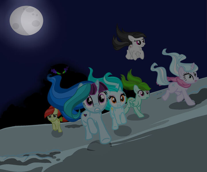 Size: 1024x851 | Tagged: safe, artist:lovemonsterhigh123, oc, oc:beam screws, oc:cherry blossom, oc:colorfull dreams, oc:green flash, oc:snow blake, oc:star dusk, ponified, pony, fleeing, frightened, image, jpeg