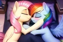 Size: 3072x2048 | Tagged: safe, derpibooru import, machine learning generated, novelai, stable diffusion, fluttershy, rainbow dash, pegasus, pony, bed, bedroom, blushing, cuddling, cute, duo, duo female, eyes closed, female, flutterdash, folded wings, happy, high res, hoof on cheek, image, indoors, jpeg, lesbian, lying down, mare, pillow, shipping, side, sleeping, smiling, snuggling, spread wings, tail, wings