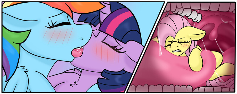 Size: 1280x512 | Tagged: suggestive, artist:noblebrony317, derpibooru import, fluttershy, rainbow dash, twilight sparkle, female, image, jpeg, kissing, lesbian, micro, shipping, twidash, twipred, vore