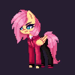 Size: 1000x1000 | Tagged: safe, artist:menalia, derpibooru import, fluttershy, pegasus, pony, alternate design, alternate hairstyle, alternate universe, animated, aseprite, black background, clothes, female, fingerless gloves, gif, gloves, hoodie, idle animation, image, looking at something, mare, pants, pixel art, shirt, shoes, simple background, sneakers, solo, t-shirt, wings, wip