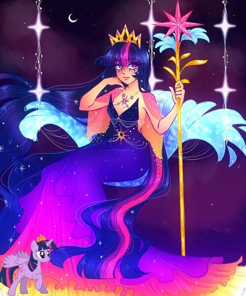 Size: 1080x1300 | Tagged: safe, artist:soyla_julie, derpibooru import, twilight sparkle, twilight sparkle (alicorn), alicorn, human, clothes, crown, dress, female, humanized, image, jewelry, jpeg, long hair, regalia, solo, staff