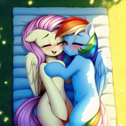 Size: 2560x2560 | Tagged: safe, derpibooru import, machine learning generated, novelai, stable diffusion, fluttershy, rainbow dash, pegasus, pony, belly button, blanket, blushing, cuddling, cute, duo, duo female, eyes closed, female, flutterdash, grass, happy, high res, image, jpeg, lesbian, lying down, mare, open mouth, open smile, outdoors, shipping, side, smiling, snuggling, tail, wings