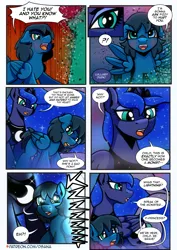 Size: 2480x3508 | Tagged: safe, artist:dsana, derpibooru import, princess luna, oc, oc:aunt beet, oc:lullaby dusk, alicorn, earth pony, pegasus, pony, comic:a storm's lullaby, angry, female, filly, foal, image, mare, png