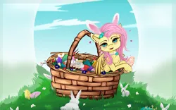 Size: 9000x5600 | Tagged: safe, artist:martazap3, derpibooru import, fluttershy, pegasus, pony, rabbit, animal, basket, breasts, delicious flat chest, easter, easter egg, flattershy, holiday, image, jpeg, my little pony, sky, solo, wings