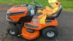 Size: 4032x2268 | Tagged: safe, artist:littleblackraencloud, derpibooru import, applejack, earth pony, pony, image, irl, jpeg, lawn mower, photo, ponies in real life, solo