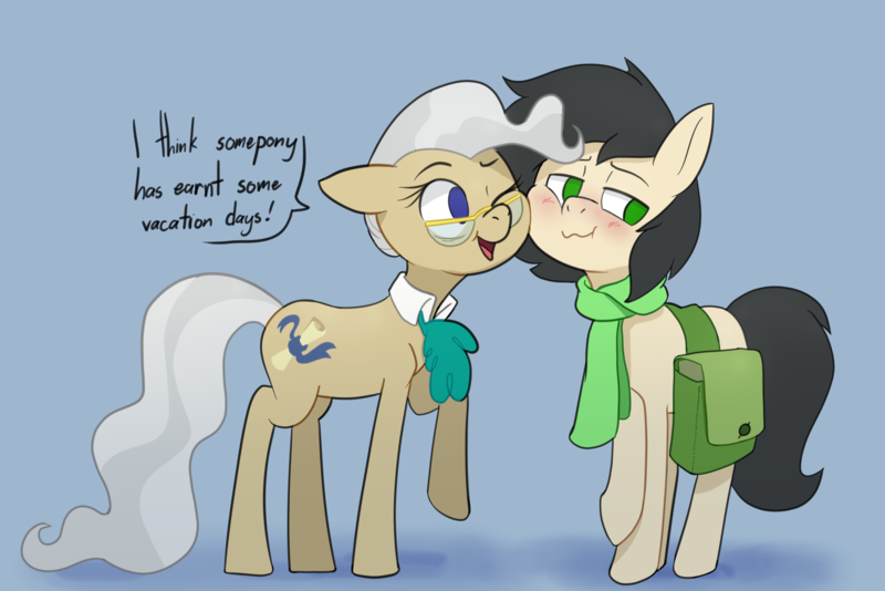 Size: 2840x1895 | Tagged: safe, artist:hitsuji, derpibooru import, mayor mare, oc, oc:weary craft, earth pony, bag, blushing, cheek rub, clothes, cravat, cutie mark, earth pony oc, glasses, image, looking away, one eye closed, png, rubbing hooves, saddle bag, scarf