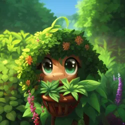 Size: 2048x2048 | Tagged: safe, derpibooru import, machine learning generated, purplesmart.ai, stable diffusion, oc, unnamed oc, unofficial characters only, pony, camouflage, cute, eating, eye, eyes, flower, flower pot, green eyes, image, looking at you, ocbetes, orange coat, plants, png, solo