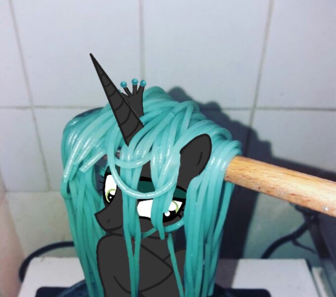 Size: 1080x954 | Tagged: safe, derpibooru import, queen chrysalis, pony, food, image, irl, jpeg, pasta, photo, ponies in real life, spaghetti
