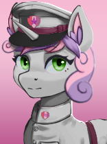 Size: 156x210 | Tagged: safe, artist:mustaphatr, artist:printik, derpibooru import, edit, sweetie belle, pony, unicorn, equestria at war mod, bust, cap, clothes, cmc world conquest timeline, gradient background, hat, image, older, older sweetie belle, picture for breezies, pin, png, portrait, solo, uniform