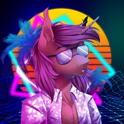 Size: 4000x4000 | Tagged: safe, artist:lunciakkk, derpibooru import, oc, oc:redomir, unofficial characters only, cyborg, pony, unicorn, clothes, cybernetic eyes, cyberpunk, hawaiian shirt, image, png, retrowave, shirt, solo, sunglasses