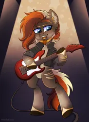 Size: 3000x4091 | Tagged: safe, artist:madelinne, derpibooru import, oc, oc:living flame, unofficial characters only, earth pony, pony, bipedal, electric guitar, guitar, image, male, musical instrument, playing instrument, png, stallion
