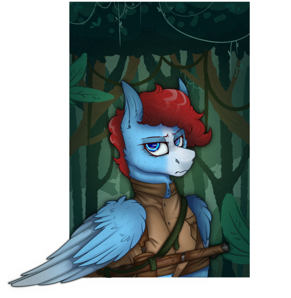 Size: 2300x2353 | Tagged: safe, artist:molars, derpibooru import, oc, oc:roaring forties, unofficial characters only, pegasus, pony, equestria at war mod, background, blue eyes, blue fur, clothes, commission, eaw, feather, gun, image, jungle, looking at you, png, solo, uniform, weapon, wings