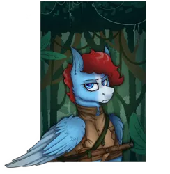 Size: 2300x2353 | Tagged: safe, artist:molars, derpibooru import, oc, oc:roaring forties, unofficial characters only, pegasus, pony, equestria at war mod, background, blue eyes, blue fur, clothes, commission, eaw, feather, gun, image, jungle, looking at you, png, solo, uniform, weapon, wings