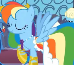 Size: 1066x933 | Tagged: safe, derpibooru import, screencap, rainbow dash, pegasus, pony, the best night ever, beautiful, canterlot, canterlot castle, clothes, cropped, dress, female, gala dress, gown, grand galloping gala, image, jpeg, mare, solo