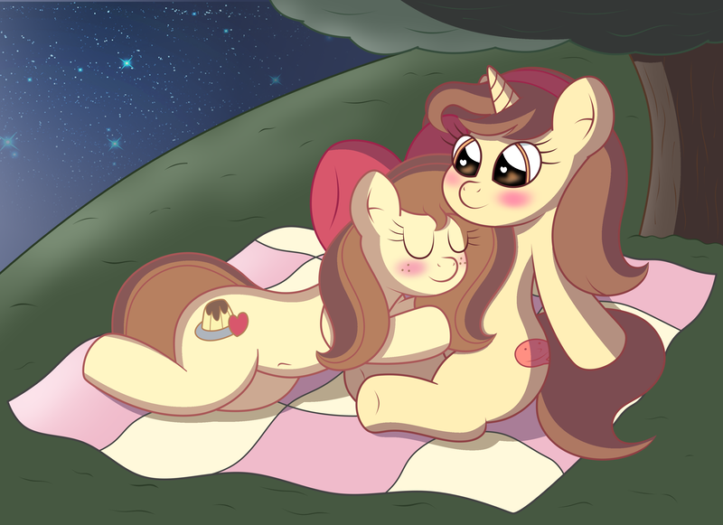 Size: 3509x2550 | Tagged: safe, artist:sparkfler85, derpibooru import, oc, oc:flani bainilye, oc:hymyt, unofficial characters only, earth pony, pony, unicorn, belly button, blanket, blushing, bow, eyes closed, female, freckles, headband, heart, heart eyes, image, incest, lesbian, lying down, night, outdoors, picnic blanket, png, resting, romantic, starry sky, stars, tree, wingding eyes