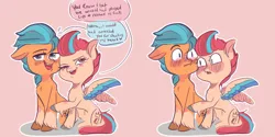 Size: 3000x1500 | Tagged: safe, artist:funky_furs, derpibooru import, hitch trailblazer, zipp storm, earth pony, pegasus, pony, g5, blushing, chibi, cute, dialogue, duo, embarrassed, female, floppy ears, grammar error, hitchzipp, image, male, mare, nervous, png, shipping, smiling, speech bubble, spread wings, stallion, straight, wings