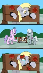Size: 1920x3240 | Tagged: safe, artist:platinumdrop, derpibooru import, derpy hooves, diamond tiara, silver spoon, earth pony, pegasus, pony, abuse, bully, bullying, comic, commission, crying, derpybuse, female, filly, foal, food, image, laughing, mare, png, punishment, restrained, sad, smiling, stocks, tomato