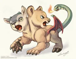 Size: 1027x800 | Tagged: safe, artist:lindsay cibos, derpibooru import, oc, big cat, chimera, goat, lion, pony, snake, baby, cub, cute, dragon wings, fire, image, jpeg, open mouth, solo, wings