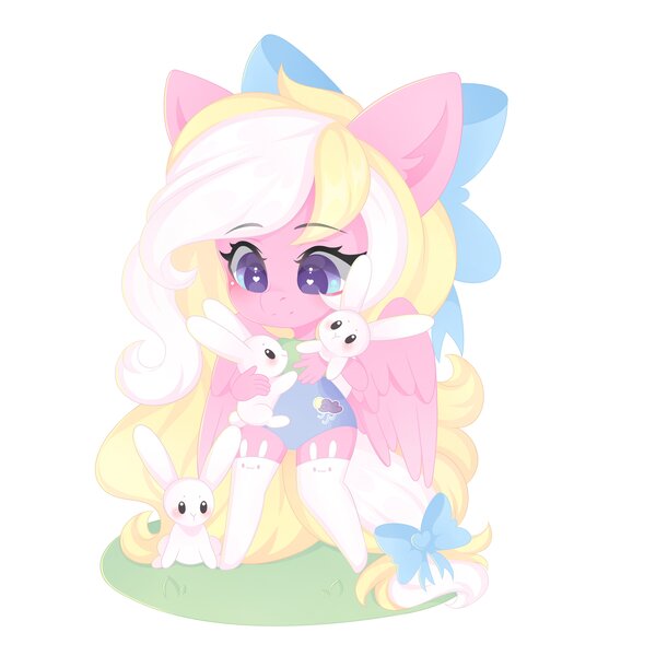 Size: 4000x4000 | Tagged: safe, artist:yomechka, derpibooru import, oc, oc:bay breeze, unofficial characters only, anthro, pegasus, rabbit, unguligrade anthro, animal, bow, clothes, cute, female, hair bow, heart, heart eyes, image, jpeg, simple background, socks, solo, tail, tail bow, white background, wingding eyes