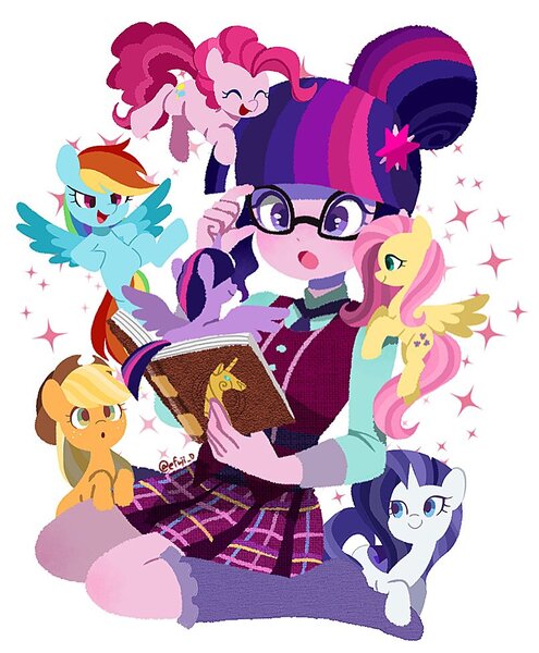 Size: 806x977 | Tagged: safe, artist:efuji_d, derpibooru import, applejack, fluttershy, pinkie pie, rainbow dash, rarity, sci-twi, twilight sparkle, twilight sparkle (alicorn), alicorn, earth pony, human, pegasus, pony, unicorn, equestria girls, book, clothes, crystal prep academy uniform, cute, dashabetes, diapinkes, female, hair bun, image, jackabetes, jpeg, kneeling, mane six, mare, necktie, raribetes, school uniform, shyabetes, simple background, sparkles, spread wings, twiabetes, twolight, white background, wings