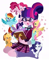 Size: 806x977 | Tagged: safe, artist:efuji_d, derpibooru import, applejack, fluttershy, pinkie pie, rainbow dash, rarity, sci-twi, twilight sparkle, twilight sparkle (alicorn), alicorn, earth pony, human, pegasus, pony, unicorn, equestria girls, book, clothes, crystal prep academy uniform, cute, dashabetes, diapinkes, female, hair bun, image, jackabetes, jpeg, kneeling, mane six, mare, necktie, raribetes, school uniform, shyabetes, simple background, sparkles, spread wings, twiabetes, twolight, white background, wings