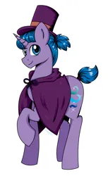 Size: 2538x4141 | Tagged: safe, artist:dreamy990, derpibooru import, oc, oc:eventide aurora, pony, unicorn, blue eyes, blue mane, cape, clothes, hat, image, looking at you, male, png, purple coat, sidemouth, simple background, smiling, solo, stallion, top hat, white background