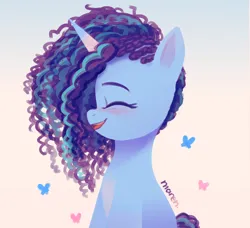 Size: 2106x1917 | Tagged: safe, artist:maren, derpibooru import, pony, unicorn, g5, bust, cornrows, eyes closed, female, freckles, gradient background, high res, image, mare, misty brightdawn, open mouth, open smile, png, profile, smiling, solo