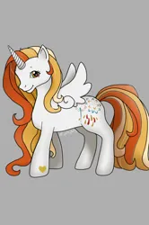 Size: 532x800 | Tagged: safe, derpibooru import, oc, oc:golden heart explosion, alicorn, gray background, image, looking at you, multicolored hair, original character do not steal, png, pony maker, rainbow eyes, simple background, smiling, smiling at you, solo, white coat, white fur